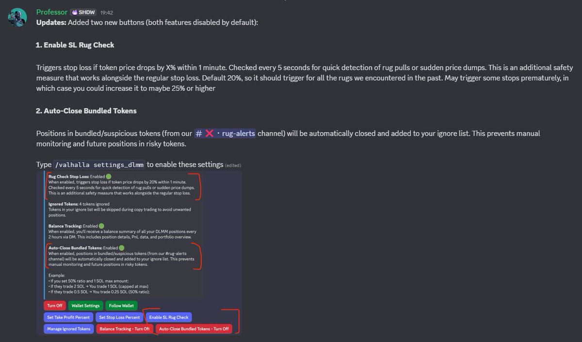 SOL_Decoder's tweet photo. Updates on Valhalla once again!! 🤯 

Here's what's NEW:
- Rug check SL: Once enabled, reduces pnl monitoring duration to just 5 secs and  auto-closes position if token dips more than your set % (separate from normal SL) within 1 minute. Yes, your dream feature. Say goodbye to rugs 👋
- Auto close bundled tokens: Automatically closes for you any positions bearing suspicious tokens being actively flagged in our rug-alerts channel every now and then 🛡️