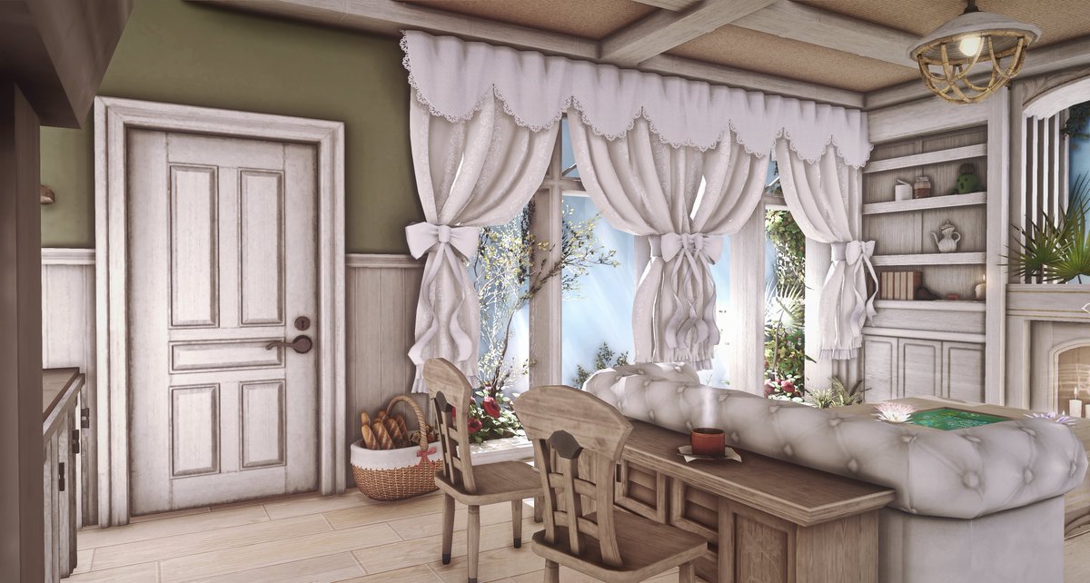 【s size】  
Afternoon tea in a soft white-and-green cabin​​ 🌿 
#FF14ハウジング #FF14housing #HousingEden #hgxiv