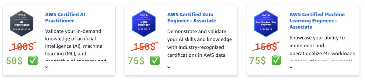 50% descuento certificaciones AWS AWS Certified AI Practitioner (50$), AWS Certified Data Engineer - Associate (75$) y AWS Certified Machine Learning Engineer - Associate (75$) siguiendo este reto pages.awscloud.com/GLOBAL-other-G… <a href="/AWSLatam/">AWS LATAM</a> <a href="/awswomencol/">AWS Women Colombia</a> #AWSCertified