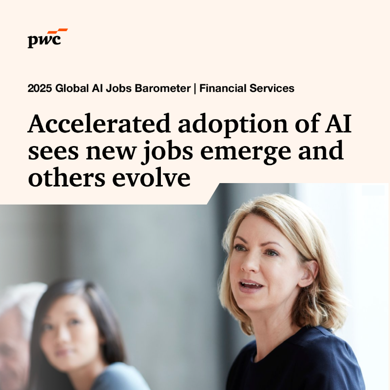 PwC's tweet photo. AI is reshaping #FinancialServices. In 2024, 5.1% of jobs required AI skills—well above average.
Learn how AI is transforming roles and creating new ones in our report: https://t.co/a6VPeXqXJI #AIJB