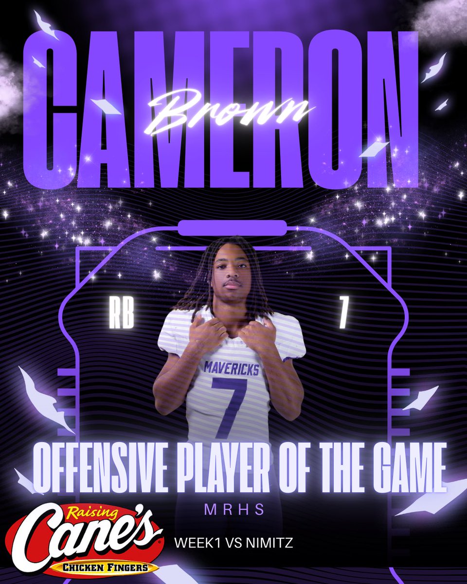 Morton Ranch Football (@mrhs_mavsftb) on Twitter photo Shoutout to Sophomore RB Cameron Brown!
Offensive Player Of The Week!
Sponsored by <a href="/raisingcanes/">Raising Cane's</a>
โ
Class
โ
Character
โ
Accountability
#BFT #SCORE #FAMILY #MaverickFootball Shoutout to Sophomore RB Cameron Brown!
Offensive Player Of The Week!
Sponsored by <a href="/raisingcanes/">Raising Cane's</a>
โ
Class
โ
Character
โ
Accountability
#BFT #SCORE #FAMILY #MaverickFootball