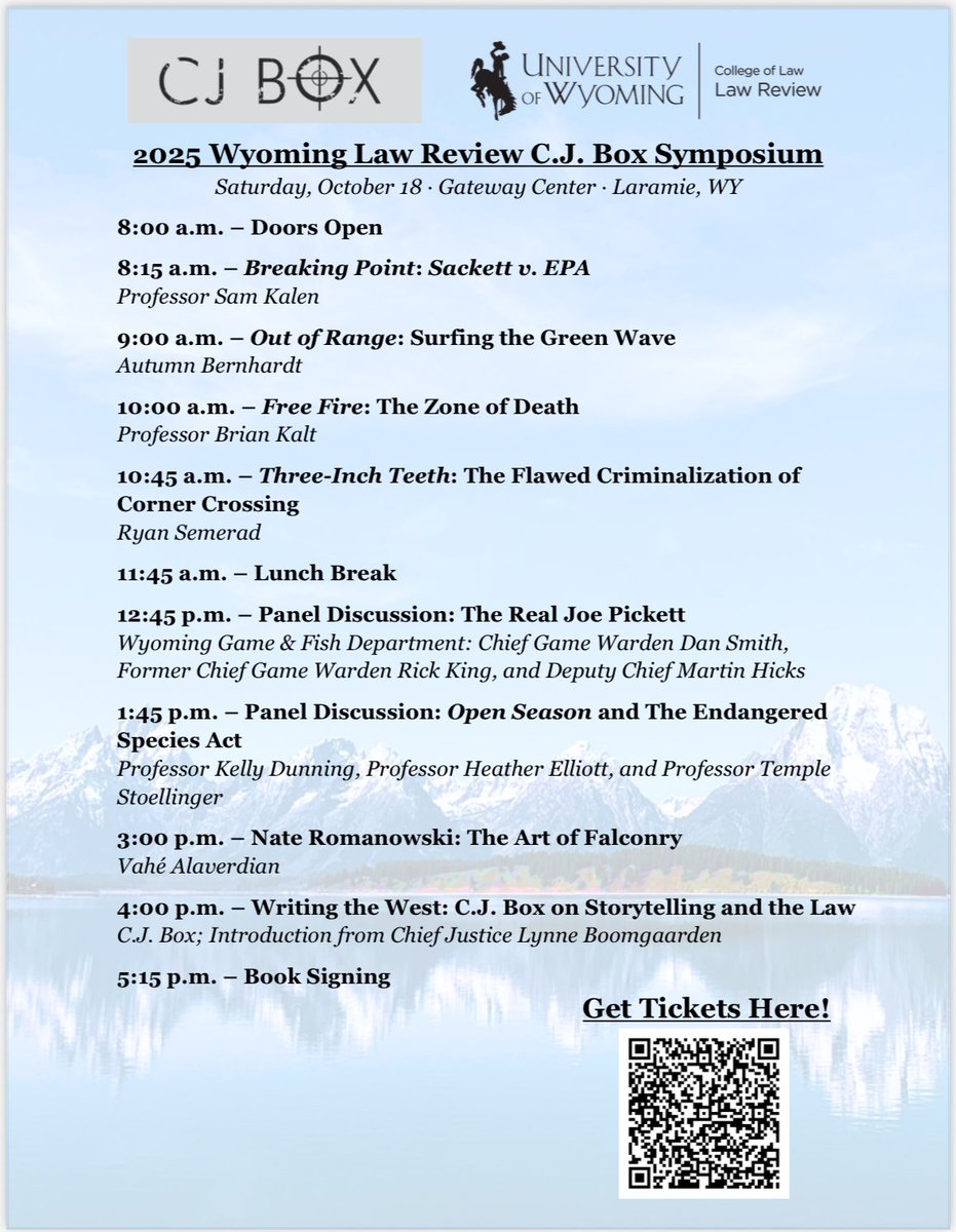 Announcing the Wyoming Law Review CJ Box Symposium, congrats to the law students who organized this, very excited for our Endangered Species Act Panel!