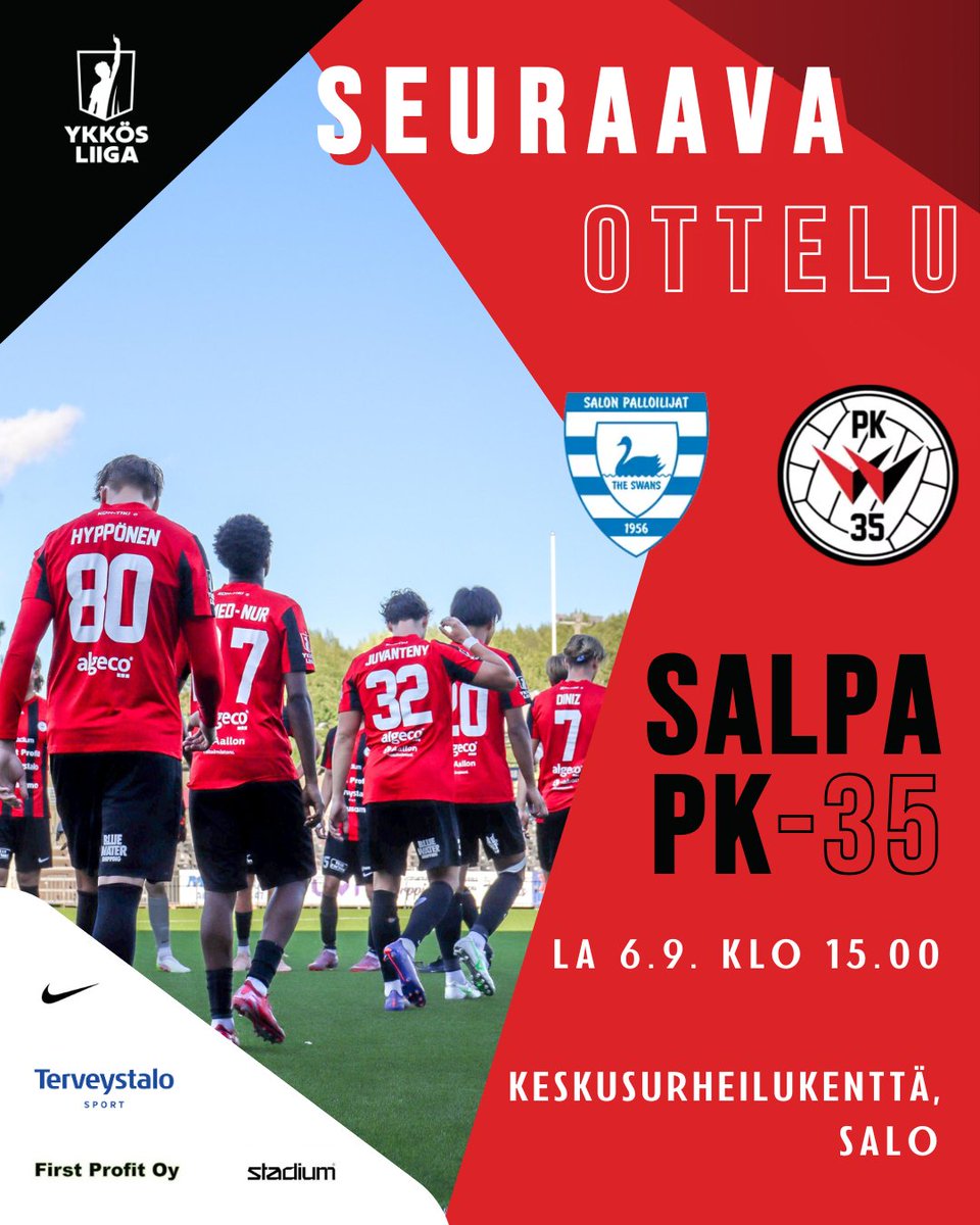 🔴⚫ Lauantaina Saloon!

Matsit Ykkösliigassa jatkuvat seuraavaksi Salon Palloilijoiden vieraana. PK-35 lähtee Saloon metsästämään neljättä perättäistä vierasvoittoa. ✨

#YksiYhteinen #Ykkösliiga