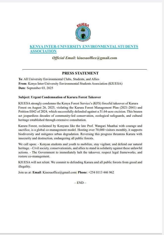 Environmental Students Association🇰🇪 (@k_iuesa) on Twitter photo Statement by the Kenya Inter-Universities Environmental Students Association on Karura Forest Takeover .
If we lose it on fire, we are willing to recover it from the ashes
<a href="/Environment_Ke/">Ministry of Environment, Climate Change & Forestry</a> <a href="/ACSAP_K/">Association of County Students Associations' P. -K</a> <a href="/GreenBeltMovmnt/">Green Belt Movement</a>
<a href="/WilliamsRuto/">William Samoei Ruto, PhD</a> <a href="/KeForestService/">Kenya Forest Service</a>.
#savekarura Statement by the Kenya Inter-Universities Environmental Students Association on Karura Forest Takeover .
If we lose it on fire, we are willing to recover it from the ashes
<a href="/Environment_Ke/">Ministry of Environment, Climate Change & Forestry</a> <a href="/ACSAP_K/">Association of County Students Associations' P. -K</a> <a href="/GreenBeltMovmnt/">Green Belt Movement</a>
<a href="/WilliamsRuto/">William Samoei Ruto, PhD</a> <a href="/KeForestService/">Kenya Forest Service</a>.
#savekarura