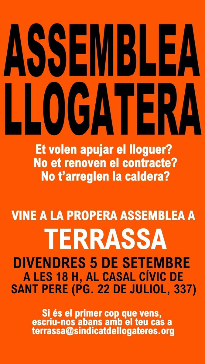 Ei, que tornen les assemblees llogateres!

💥Aquest divendres iniciem el curs amb les energies renovades i més ganes que mai de plantar cara als rendistes💥

Et vols sumar a la lluita?⤵️

📍Ens trobem a les 18h, al Casal Cívic de Sant Pere