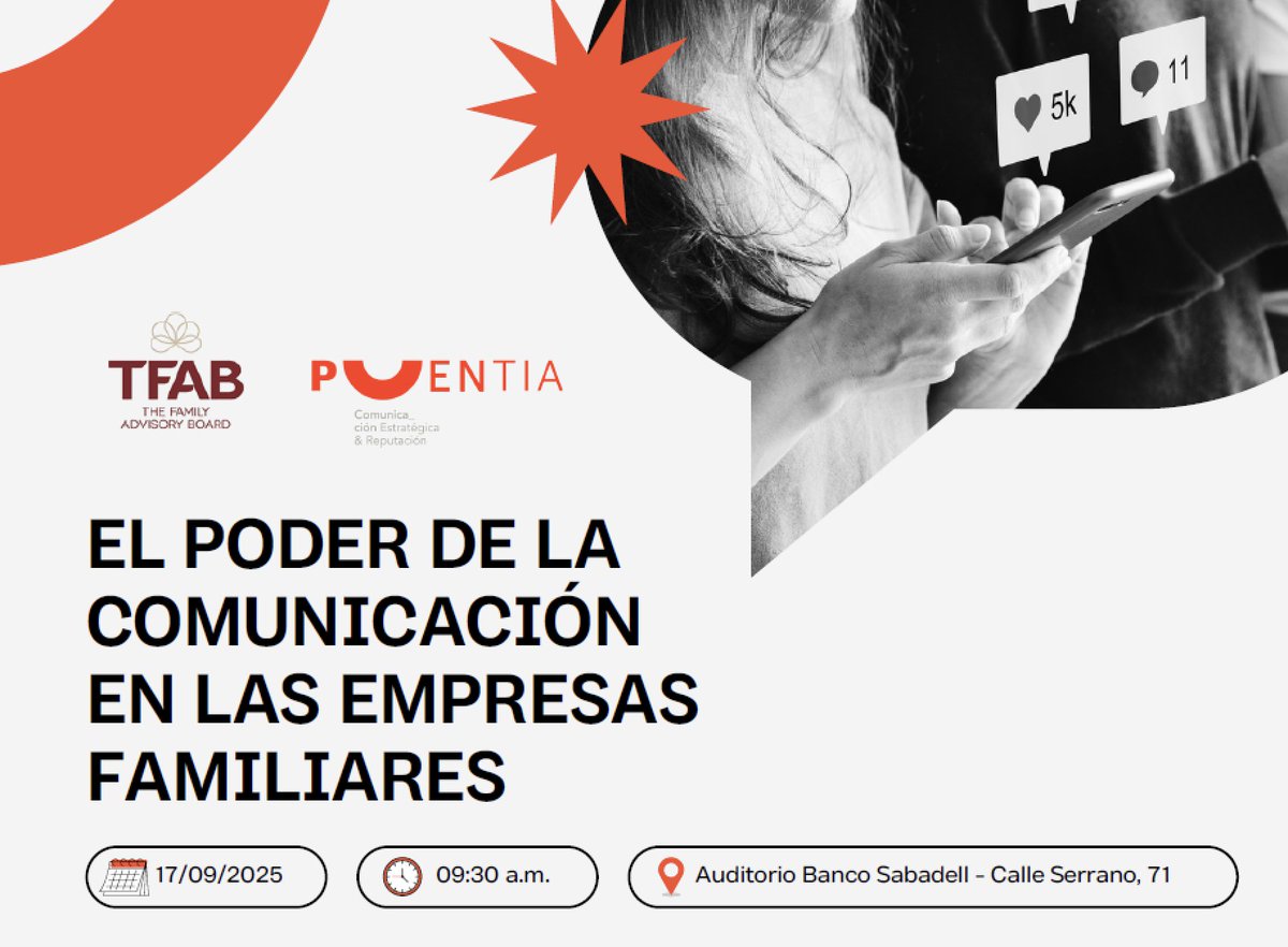 El 17/09 celebramos con  <a href="/TheFamilyAB/">TheFamilyBusiness</a> el encuentro “El poder de la comunicación en las empresas familiares”.
☕ Café, 🎤 ponencias, 💬 mesa redonda y 🥂 brunch para conectar de verdad.
¡Muy pronto desvelaremos los ponentes!
👉 Inscríbete: bit.ly/3VCcX5b
#tenderpuentes
