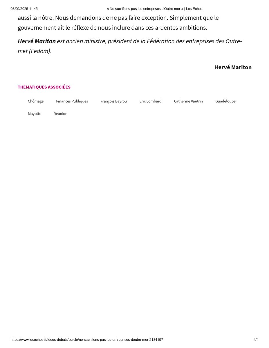 Ne sacrifions pas les entreprises d’Outre-mer !

Dans une tribune publiée le 3 sept. dans Les Échos, Hervé Mariton, président de la FEDOM, alerte sur les risques des projets budgétaires et réglementaires pour l’économie ultramarine et l’emploi.
