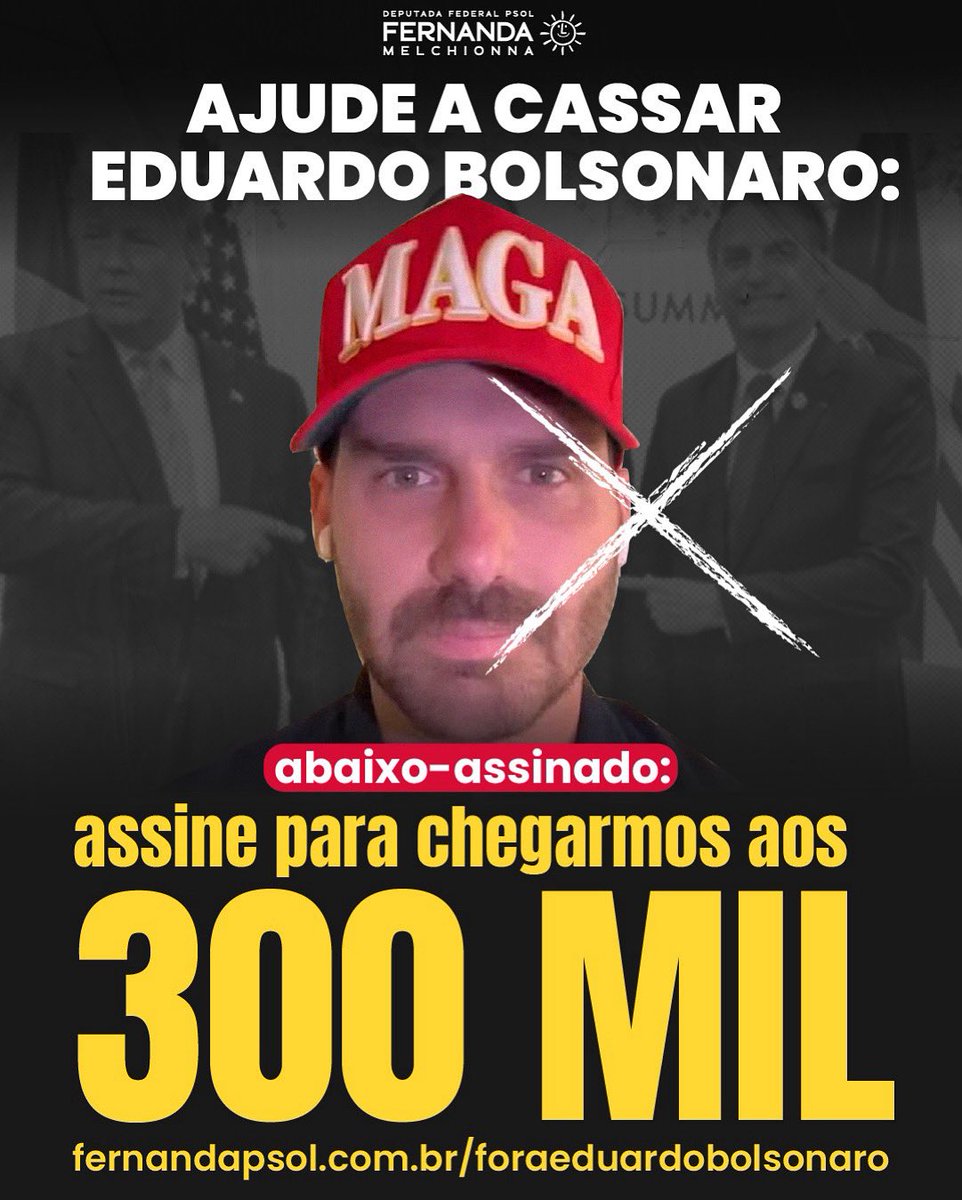 Jair condenado, Eduardo preso e cassado! 
Às vésperas da condenação de Jair Bolsonaro no STF, o traidor da Pátria Eduardo Bolsonaro intensificou sua conduta criminosa contra o Brasil. Para tentar intimidar a justiça e impedir nosso país de julgar soberanamente seu pai golpista,