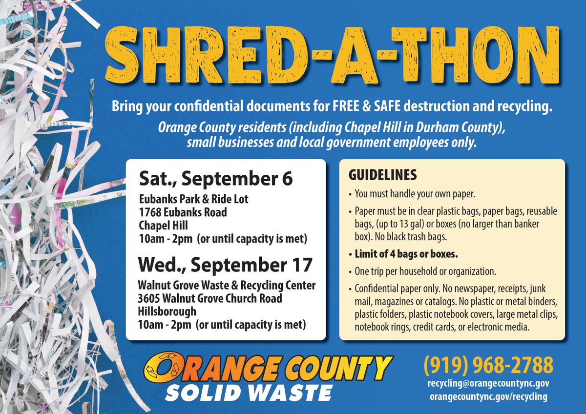 Reminder: Orange County Fall Shred-A-Thons begin THIS WEEKEND! 

For more information about the events and accepted materials, visit the calendar on the Solid Waste website.