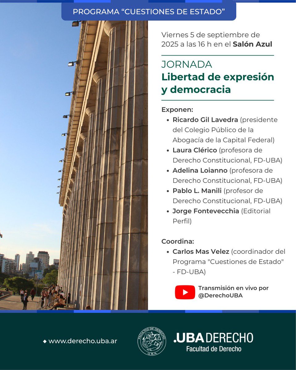 Atacar la libertad de expresión limita la discusión pública y erosiona  la legitimidad democrática.
Te invitamos a reflexionar sobre este desafío en la Jornada “Libertad de expresión y democracia”

📅 5 de septiembre ⏰16 h
📍 Salón Azul
En vivo por YouTube: <a href="/DerechoUBA/">Facultad de Derecho</a>