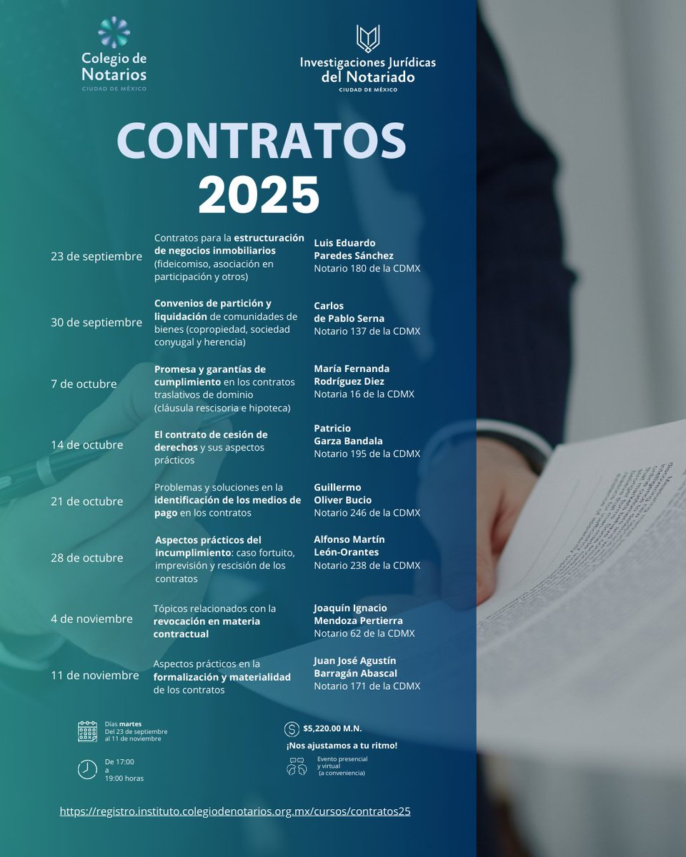 El Curso Contratos 2025 reúne a notarias y notarios de primer nivel. Un espacio académico imprescindible.
¿Te lo vas a perder?

📅 23 sep – 11 nov Regístrate aquí 👉 …ro.instituto.colegiodenotarios.org.mx/cursos/contrat…