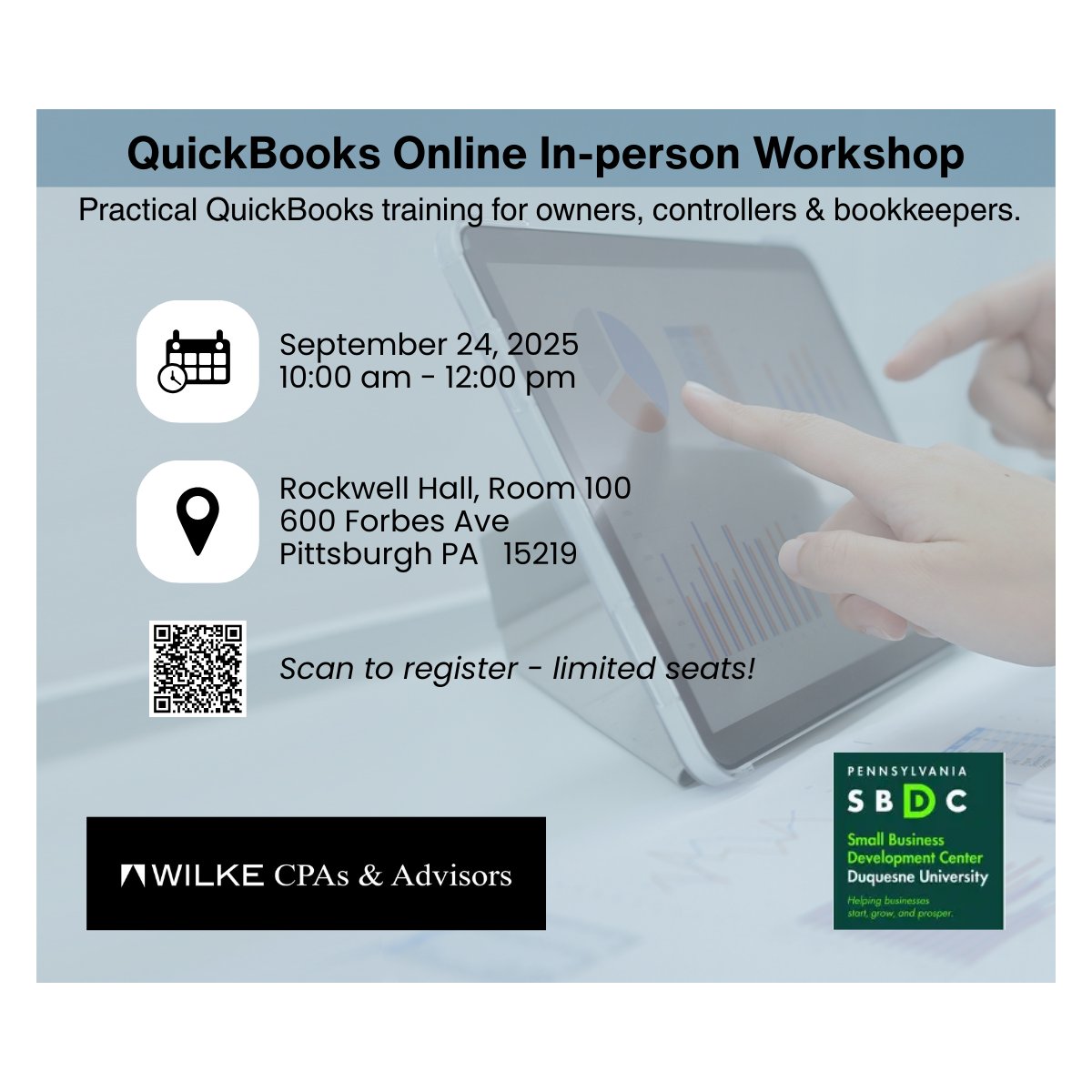 Turn your numbers into an advantage.

Join our in-person QuickBooks Online workshop in collaboration with the Duquesne University SBDC.

Seats are limited—save your spot today: ow.ly/QwpW50WQsHv

#QuickBooks #SmallBusiness  #Bookkeeping #Entrepreneurship
