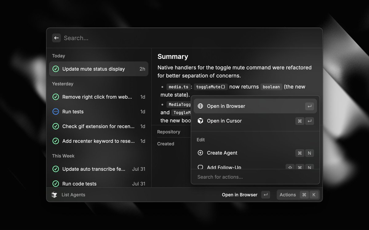 thomaspaulmann's tweet image. Launch and manage @cursor_ai agents with @raycast 🚀
Tips to start:
🎹 Set a hotkey like ⌘ + ⌃ + C for the Launch Agent command
🖼️ Add screenshots of errors or bug reports
🎛️ Take over anytime with the Open in Cursor action
Next time you spot a bug, start an agent first!