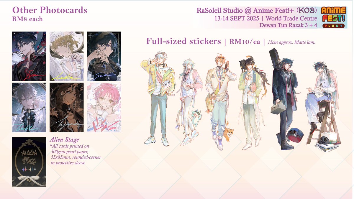 ChronismN's tweet image. RaSoleil Studio will be boothing at AnimeFest!+ with @mors_gn and @hinatsukkii !
🪧Booth K3
📅 13~14 SEP 2025 @ World Trade Centre Kuala Lumpur
✨PO link: form.jotform.com/252441929847468

#AnimeFestPlus2025 #animefestplus #catalog