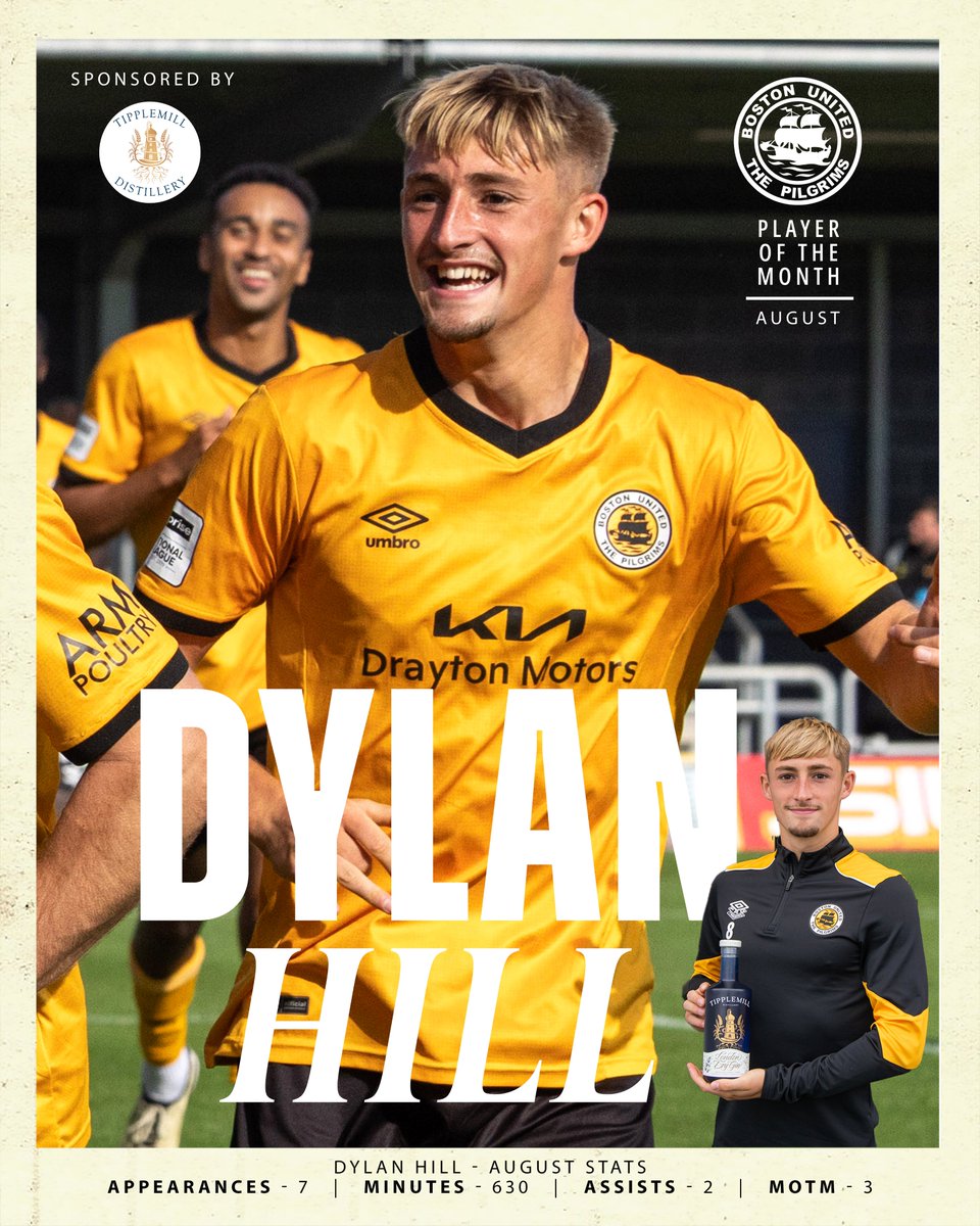 🏆 Congratulations to our fans' Player of the Month for August, Dylan Hill.

🤝 Sponsored by Tipplemill Distillery