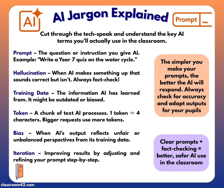 classroom_42's tweet image. 📖 Confused by AI terms? This quick guide breaks down the jargon so you can feel confident using AI in teaching.
#classroom42 #DepartmentOfEducation #edutech #chatgpt #teachinguk #TeachingUK #teachergram #teach #edtech #edtechteachers #edtechchat