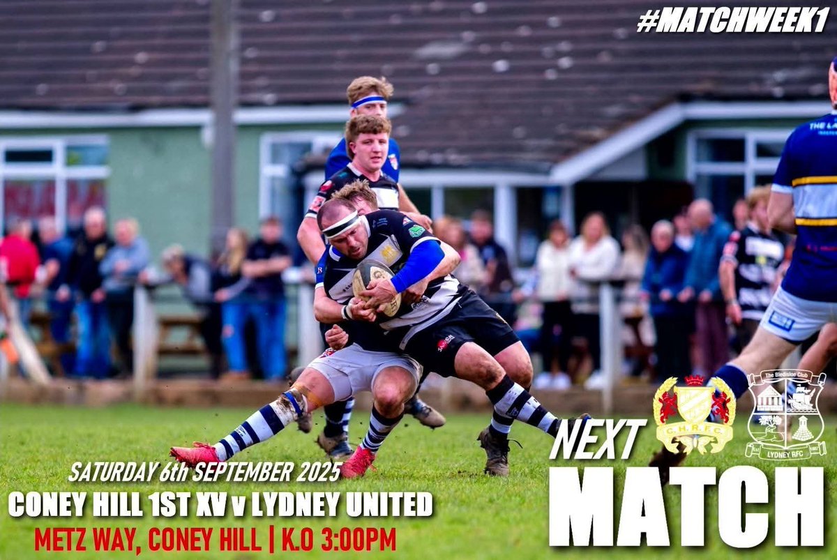 This weekend at Lydney RFC.

Saturday 6th September 
Lydney 1st XV v R.W.Bassett 
Regentsholme | K.O 3pm 

Coney Hill 1st XV v Lydney United 
Metz Way, Coney Hill | K.O 3pm 

#Driveonlyd #TheBledisloeClub #TheSevernsiders