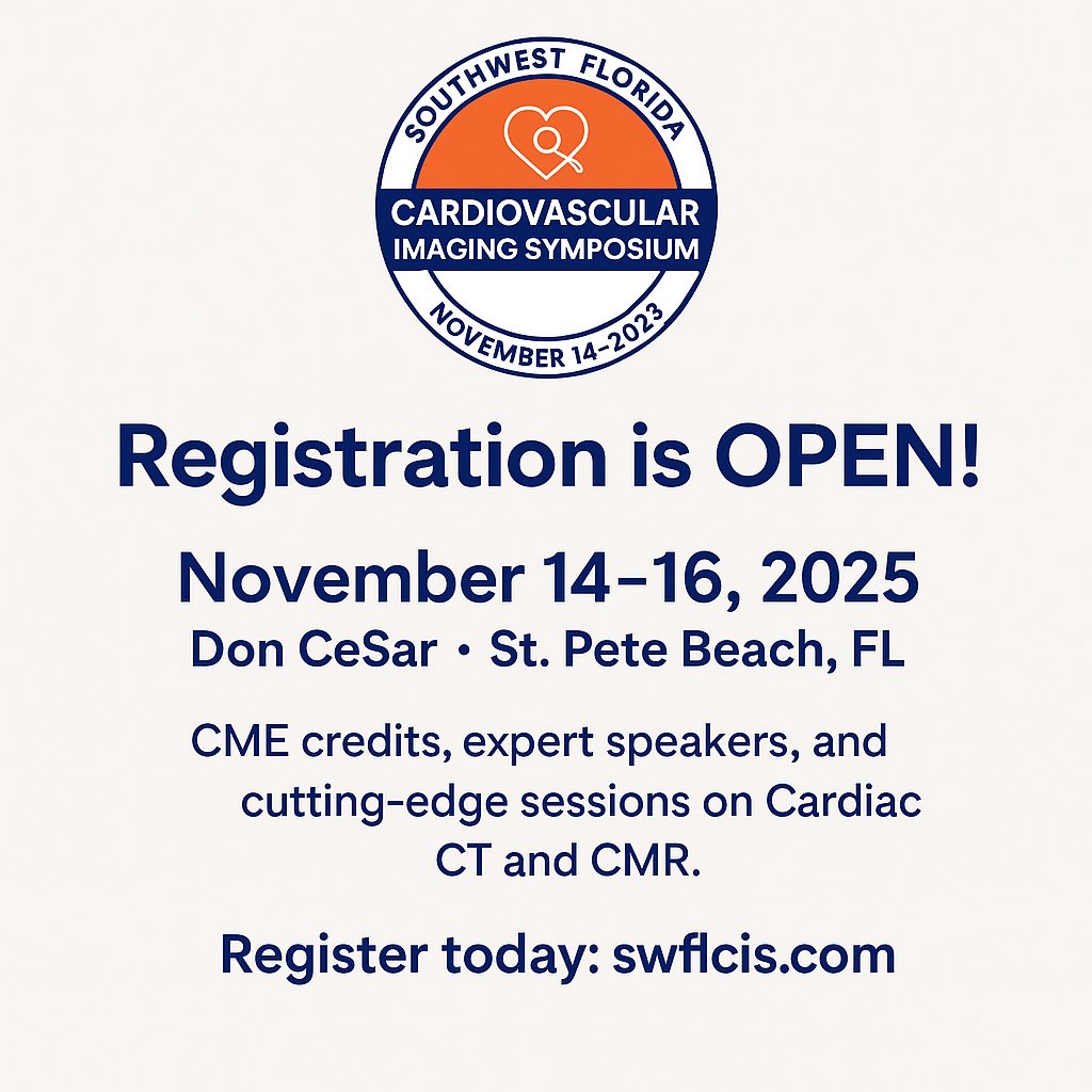 Swflcis1's tweet photo. 🚨 Registration now open! Join us Nov 14–16 at the iconic Don CeSar, FL for cutting-edge updates in cardiac CT &amp; MRI. Secure your spot today 👉 https://t.co/yfJw0x7tnK https://t.co/60ejF3xhbo