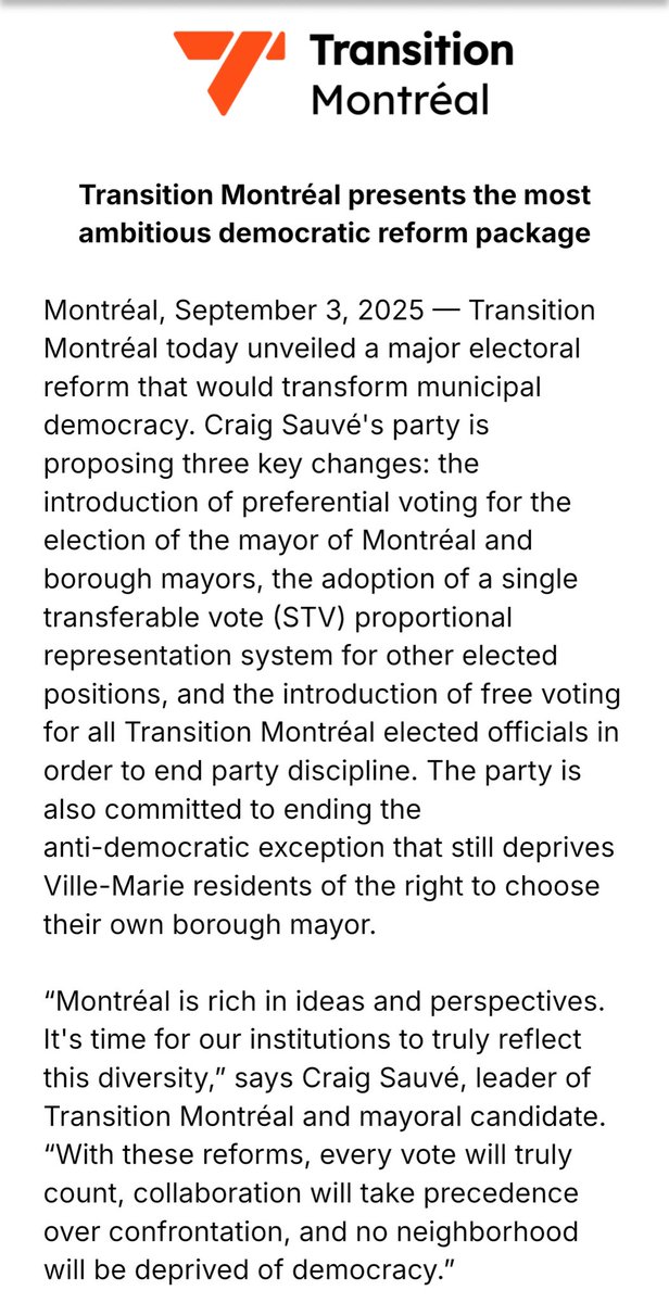 CraigSauve's tweet photo. PRESS RELEASE - @transitionmtl unveils its third campaign pillar: Major Democratic Reform.

🗳️ Electoral reform in Montreal
⛓️‍💥 Ville-Marie: Ending an undemocratic injustice
✋🏾✋🏼 A free vote for our elected officials

#polmtl https://t.co/q70arRqsCo
