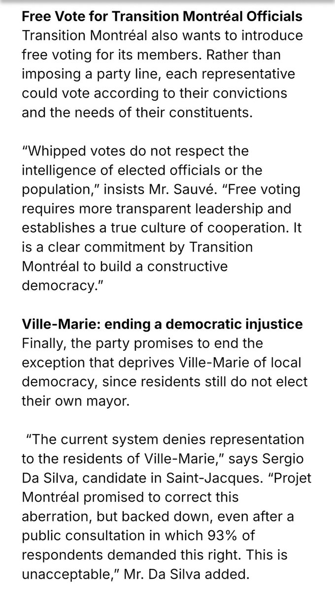 CraigSauve's tweet photo. PRESS RELEASE - @transitionmtl unveils its third campaign pillar: Major Democratic Reform.

🗳️ Electoral reform in Montreal
⛓️‍💥 Ville-Marie: Ending an undemocratic injustice
✋🏾✋🏼 A free vote for our elected officials

#polmtl https://t.co/q70arRqsCo