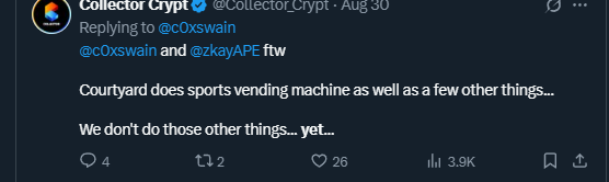 Collector Crypt 的一条推文，讨论像 Courtyard 的竞争者以及他们对体育售货机（sports vending machines）的关注