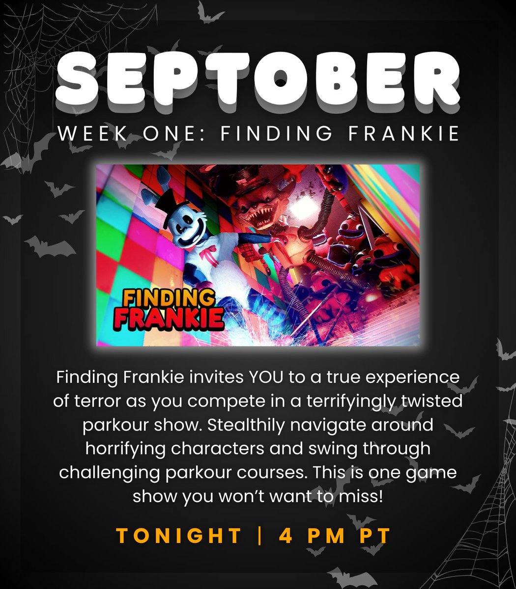 ˗ˏˋ WELCOME TO SEPTOBER! ˎˊ˗
What's SEPTOBER? Check out the graphics to learn more!
Tonight I'll be playing FINDING FRANKIE for the first time and can't wait to get back to my horror game roots.

BE THERE OR BE... HAUNTED OR SOMETHING &gt;:}