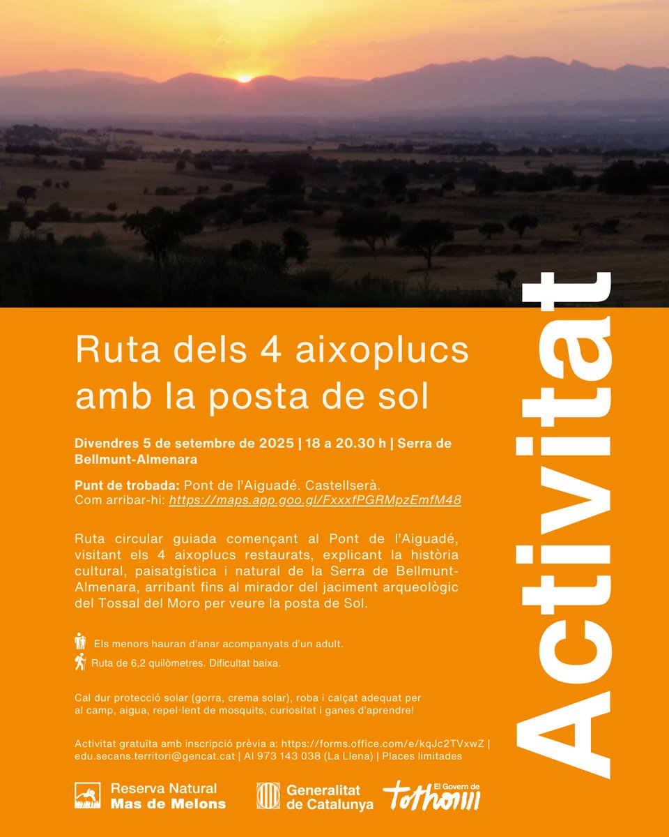 Aquest divendres dia 5 de setembre, a partir de les 6 de la tarda, gaudeix de la ruta dels 4 aixoplucs amb final al mirador del Tossal del moro per veure la posta de sol.

Inscripcions aquí forms.office.com/e/kqJc2TVxwZ

Us hi esperem!