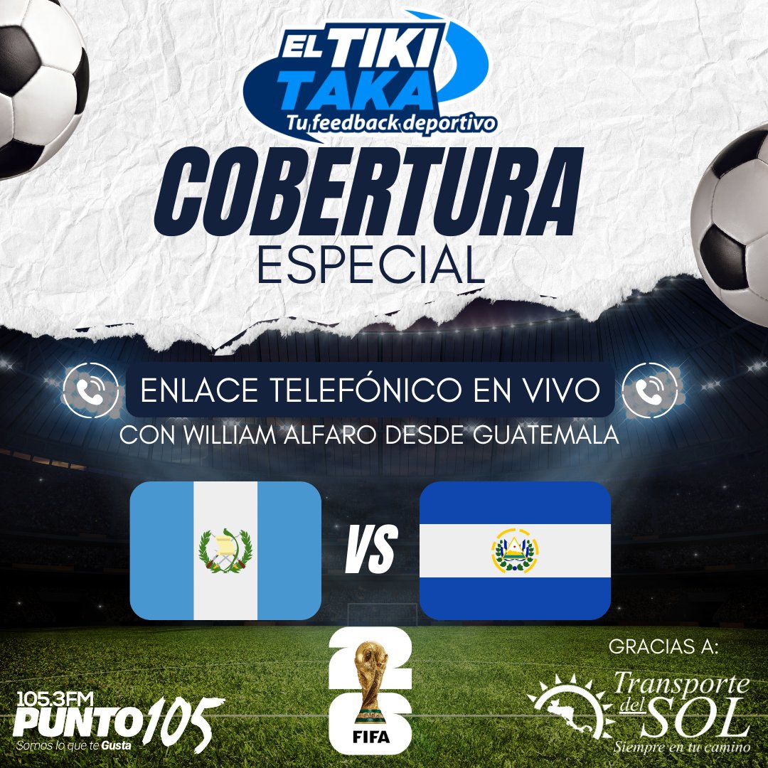 🔥¡Se viene la emoción de las eliminatorias!🔥

💥Y esta tarde en #ElTikiTaka🎙#TuFeedbackDeportivo tendremos un enlace exclusivo con <a href="/WilliamAlfaroSV/">William Alfaro</a>📲desde Guatemala 🇬🇹

👉Con toda la previa, el análisis y el ambiente rumbo al duelo eliminatorio entre Guatemala y El Salvador 🏆