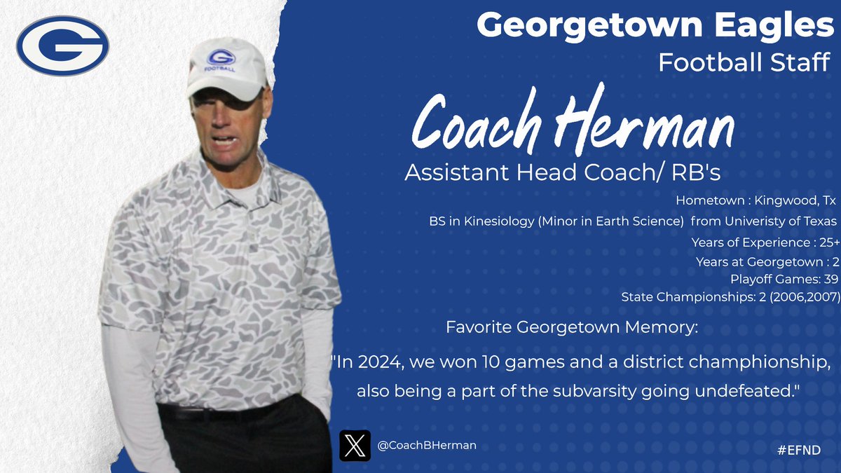 🚨 Coaches Spotlight 🚨
Up next: <a href="/CoachBHerman/">Coach Herman</a> – our Running Backs / Asst HC Coach! 🏈💪

Coach Herman brings energy, toughness, and detail to our RB room, helping our backs develop vision, footwork, and a relentless work ethic. 🔥3EFND <a href="/CoachGriffGHS/">Chuck Griffin</a>