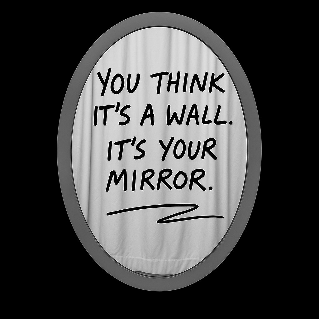 MoffatClay's tweet photo. Mirror Mirror #119  

"You think it’s a wall. It’s your mirror."  

Obstacles reflect.  
They show you the pattern you’ve been running.  
Until you face it, the “wall” will keep returning.  #themirrortest #claysays #TrustTrap https://t.co/78AYUtnz2G