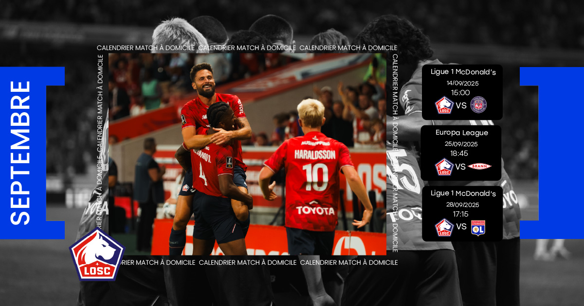 Decathlon Arena - Stade Pierre Mauroy (@decathlonarena) on Twitter photo ⚽️ 𝐒𝐞𝐩𝐭𝐞𝐦𝐛𝐫𝐞 𝘀'𝗮𝗻𝗻𝗼𝗻𝗰𝗲 𝗶𝗻𝘁𝗲𝗻𝘀𝗲 𝗽𝗼𝘂𝗿 𝗹𝗲 <a href="/losclive/">LOSC</a>🔥
2 matchs de <a href="/Ligue1/">Ligue 1 McDonald's</a> et le retour des soirées européennes. 🤩
💥 Ne manquez pas ces trois grands rendez-vous à domicile et soyez prêts pour soutenir les Dogues ! ⚽️ 𝐒𝐞𝐩𝐭𝐞𝐦𝐛𝐫𝐞 𝘀'𝗮𝗻𝗻𝗼𝗻𝗰𝗲 𝗶𝗻𝘁𝗲𝗻𝘀𝗲 𝗽𝗼𝘂𝗿 𝗹𝗲 <a href="/losclive/">LOSC</a>🔥
2 matchs de <a href="/Ligue1/">Ligue 1 McDonald's</a> et le retour des soirées européennes. 🤩
💥 Ne manquez pas ces trois grands rendez-vous à domicile et soyez prêts pour soutenir les Dogues !