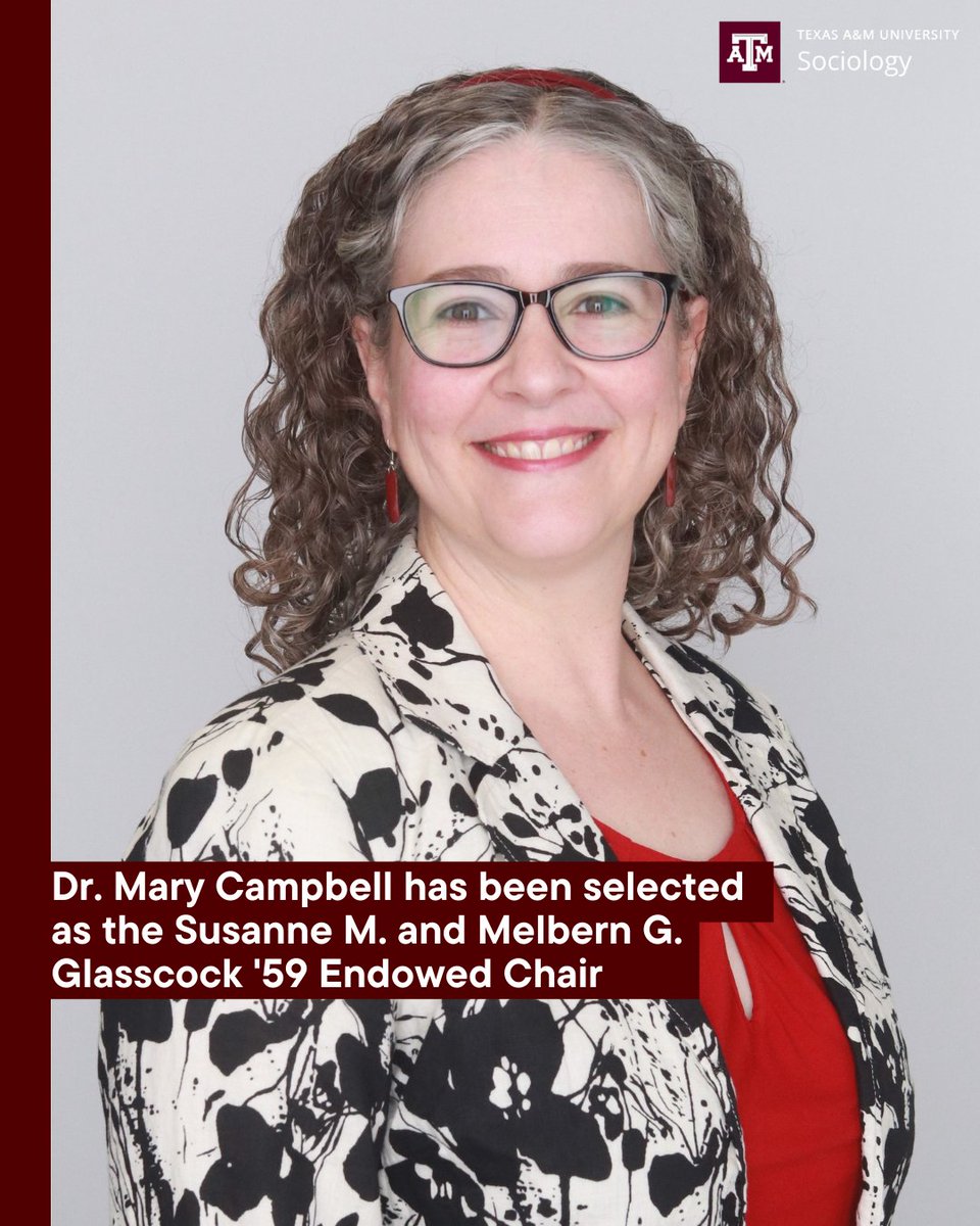 Texas A&M Sociology (@tamusoc) on Twitter photo Congratulations Dr. Mary Campbell! 🎉 The Glasscock ’59 Endowed Chair is one of the highest academic honors, recognizing exceptional scholarship, teaching, and service. We are so proud of her achievement! 👏 Congratulations Dr. Mary Campbell! 🎉 The Glasscock ’59 Endowed Chair is one of the highest academic honors, recognizing exceptional scholarship, teaching, and service. We are so proud of her achievement! 👏