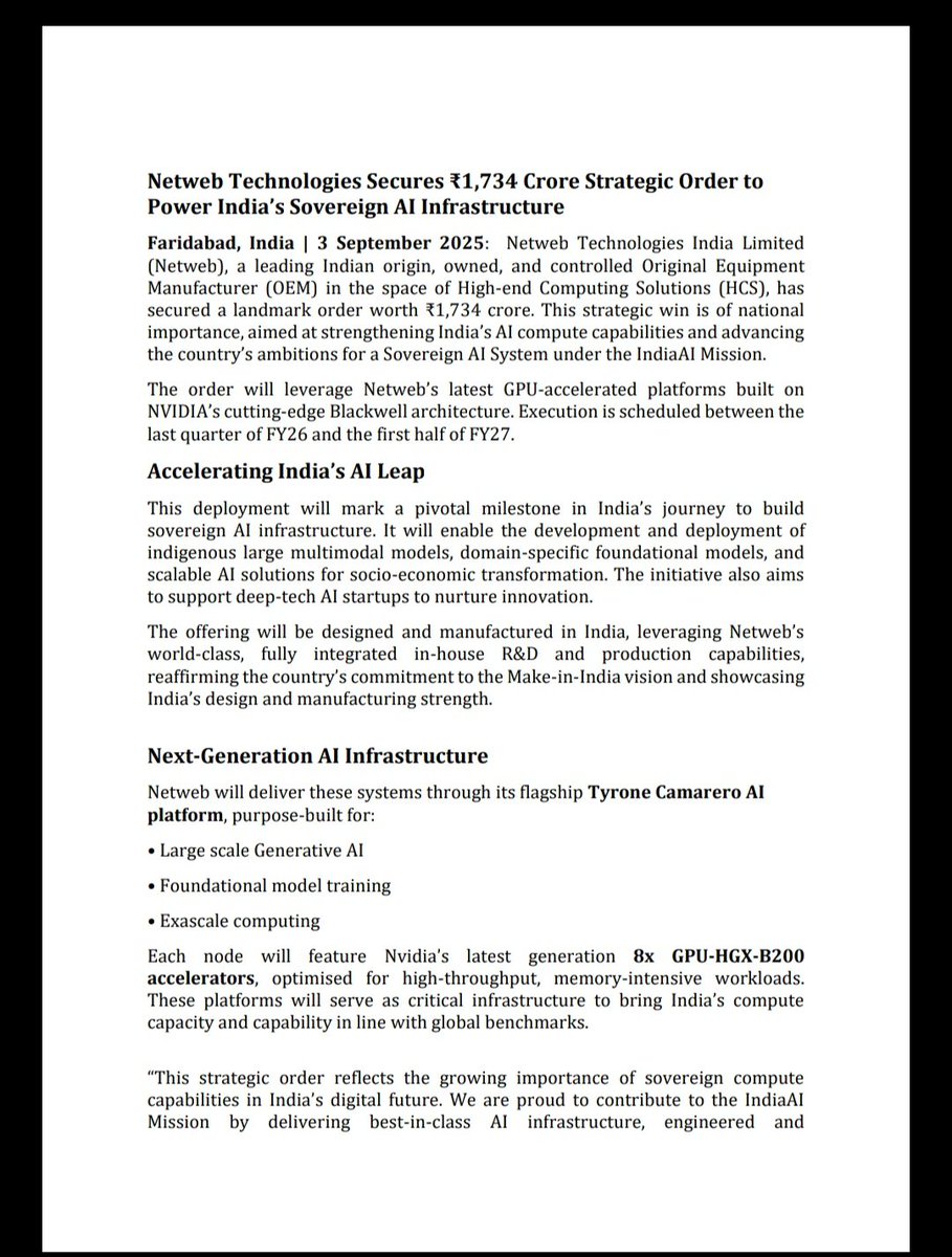 subrata_minu's tweet image. Netweb Technology
Netweb secured ₹1,734 crore sovereign AI infrastructure order; execution Q4 FY26–H1 FY27.
#NetwebTechnology
#Investor #niftycrash #OptionsTreding #Investing #BREAKING #Nifty #StockMarketUpdate
