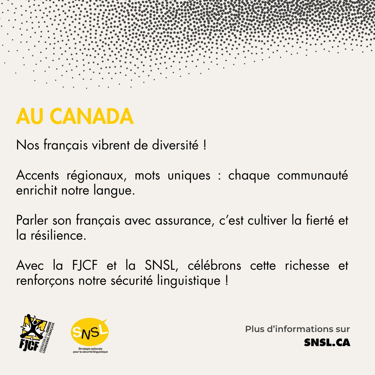 Nos français brillent au Canada ! Accents et mots uniques racontent nos réalités. Naviguer entre eux forge confiance et fierté. 

Découvre les contenus créés par les jeunes pour les jeunes sur snsl.ca !

#SNSL #SecuriteLinguistique #JeunesEngages #FJCF #ParetPour