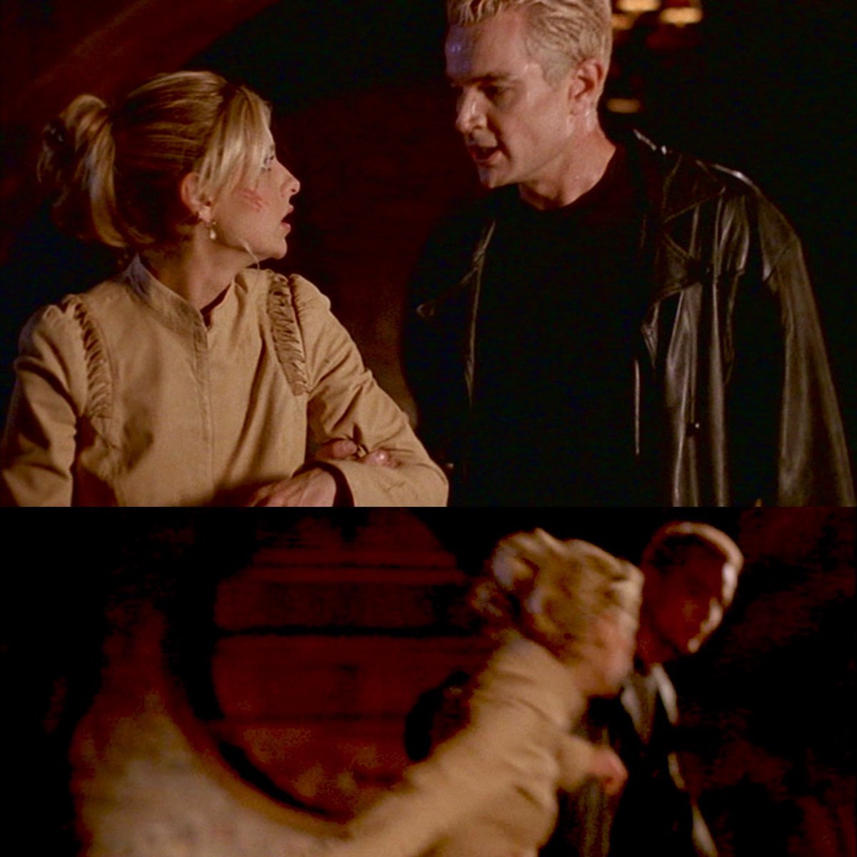 MissKittyBSDC's tweet image. This is a short moment, but I always loved it. How he snaps her out of her rage against Caleb and brings her back to reason by making her leave with him.

(BtVS, 7.18 “Dirty Girls”)

#Spuffy #BtVS #Spike #Buffy
