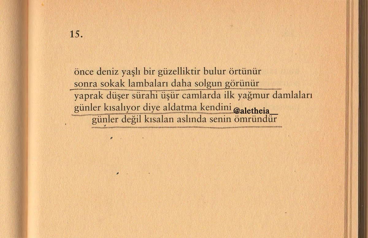 sonra sokak lambaları daha solgun görünür 
günler kısalıyor diye aldatma kendini 
günler değil kısalan aslında senin ömründür 

attilâ ilhan