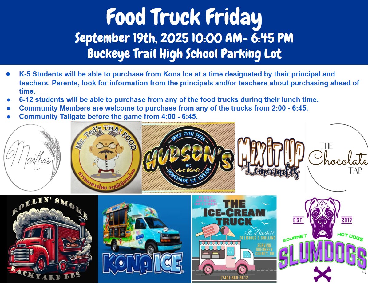 🎉 Food Truck Friday is back!
Join us on September 19th at the Buckeye Trail High School Parking Lot for a full day of delicious eats and Warrior pride!
🍔🍦 From BBQ to ice cream, we've got something for everyone!