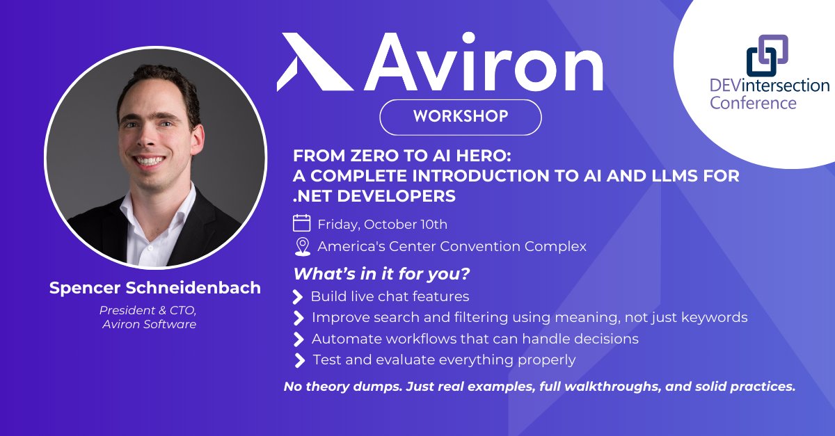 AvironSoftware's tweet image. 📣 Just a month away
We’re hosting a full-day hands-on workshop on Oct 10, 2025
8 AM – 3 PM 🧠💻
You’ll learn to build real features with tools like Semantic Kernel. No fluff, just working code.
#DevIntersection #Aviron