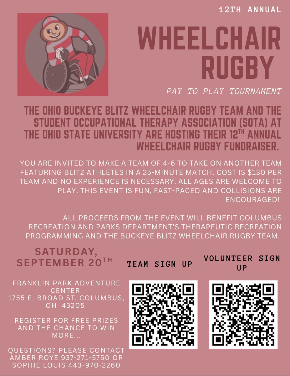 Come join SOTA's 12th Annual Wheelchair Rugby Pay to Play Tournament on Saturday, September 20 at Franklin Park Adventure Center! Scan the QR codes to sign up or follow the links: 
Link for Team Sign Up: signupgenius.com/go/70A0945A9AB…
Link for Volunteer Sign Up: signupgenius.com/go/70A0945A9AB…