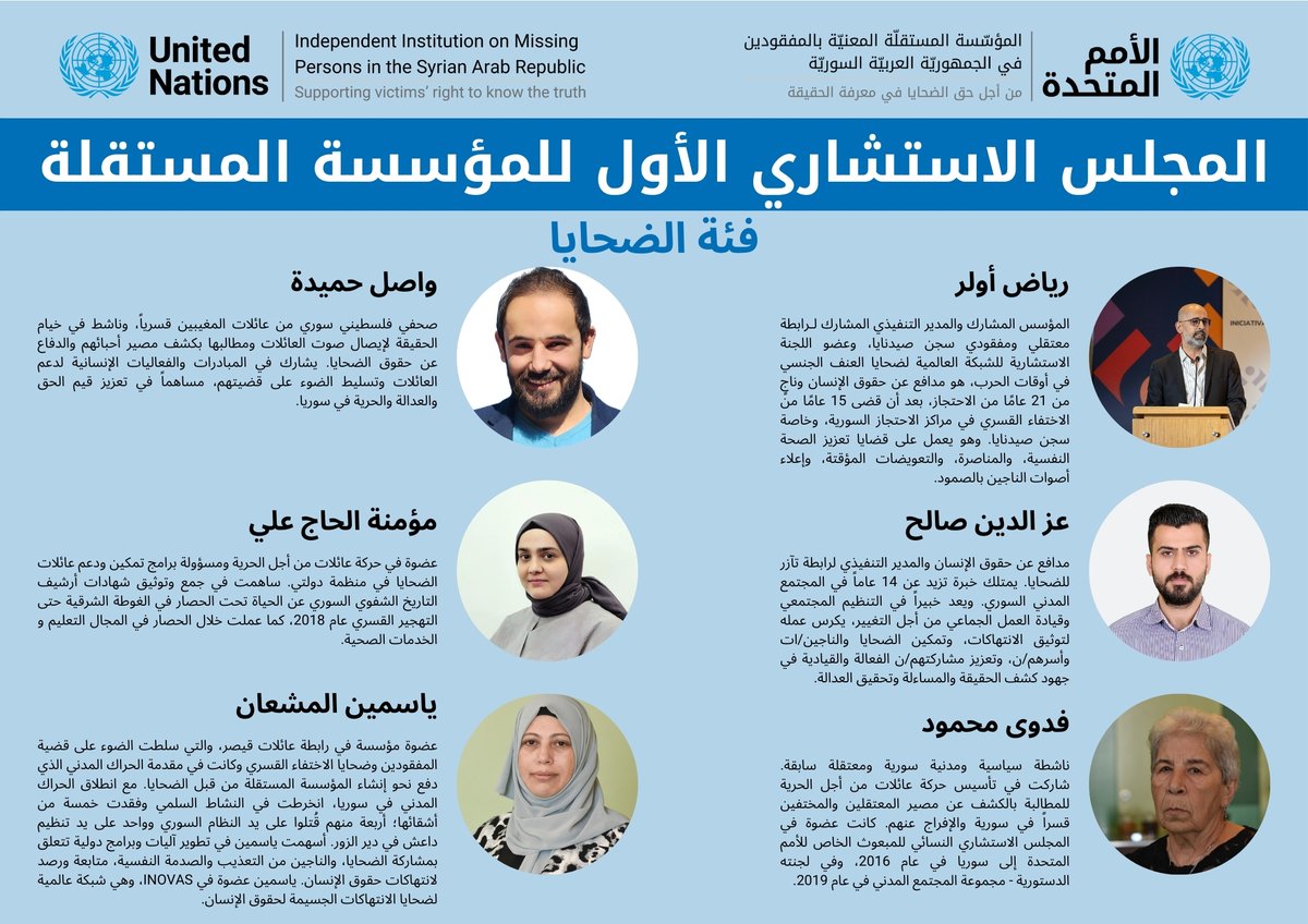 بيان صحفي: <a href="/IIMPSyria/">المؤسسة المستقلة المعنية بالمفقودين في سوريا</a> تعلن عن تشكيل أول مجلس استشاري لها
كانت عائلات المفقودين والمجتمع المدني في طليعة الجهود الرامية إلى إنشاء المؤسسة، ولا يزال دورهم محورياً في المرحلة المقبلة. وفي هذا السياق، يسر المؤسسة أن تعلن عن أعضاء مجلسها الاستشاري.
للمزيد: iimp.un.org/ar/press-relea…