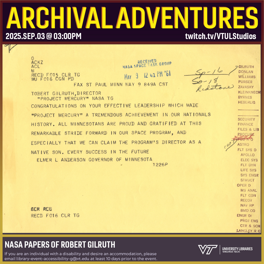 We're blasting off for another adventure with NASA records! 🚀 From pilotless aircraft to Project Mercury, we'll explore the papers of NASA engineer &amp; administrator Robert R. Gilruth on this week's #ArchivalAdventures!

Today at 3:00 p.m. on #Twitch
🔗 twitch.tv/Rogan27
