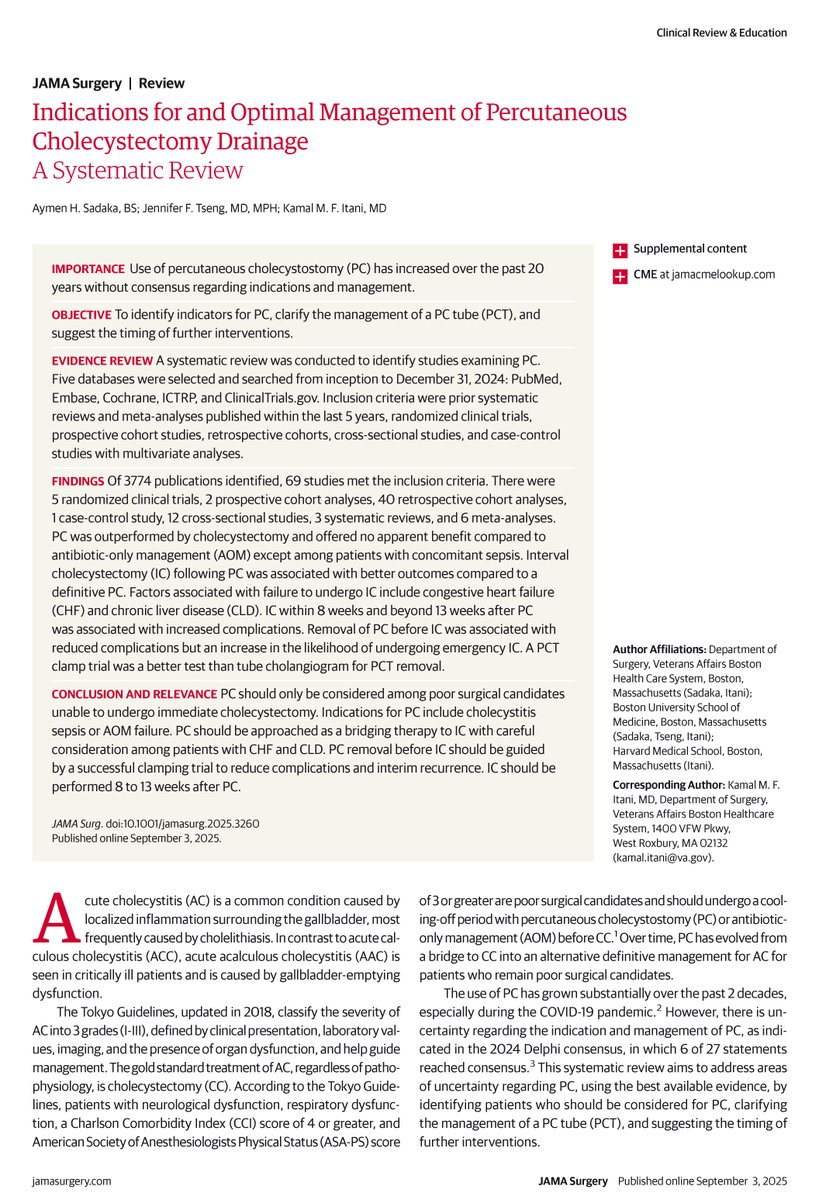 Percutaneous cholecystostomy should serve as a bridge to interval cholecystectomy in patients with contraindications to immediate surgery, specifically those with sepsis and acute cholecystitis, with IC ideally performed 8-13 weeks post-PC. ja.ma/4ge3GtS