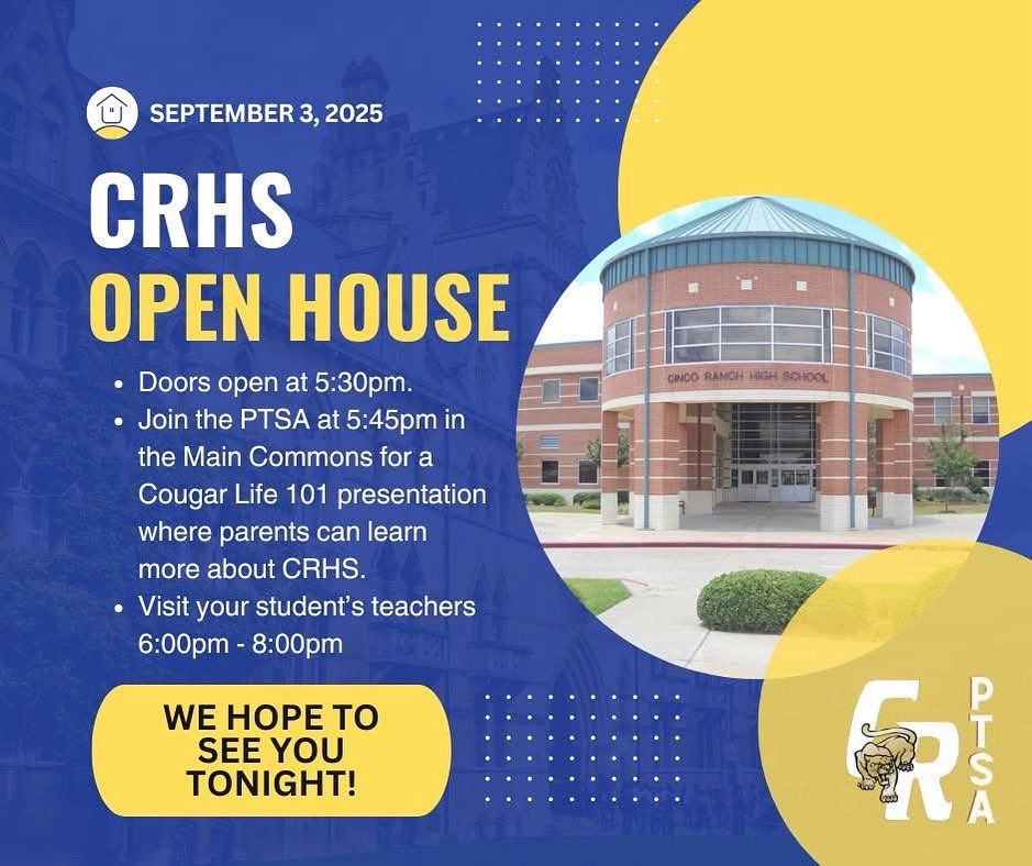 Join the PTSA in the Main Commons tonight at 5:45 for Cougar Life 101 😁 We can't wait to see you there! #CPOE