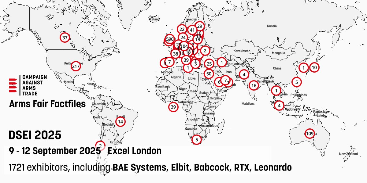 CaatData's tweet image. The complete DSEI 2025 exhibitor list is now available on CAAT's arms fair database. See stopthearmsfair.org.uk to join others opposing this festival of warfare, destruction and death. #dsei2025