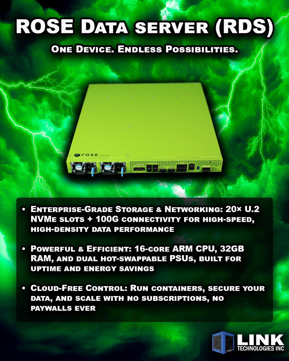 LinkTechnlogies's tweet image. Cloud providers rent you access.
The RDS2216 gives you ownership.
20 NVMe slots. 100G networking. Container-ready.
No subscriptions. No paywalls. Just power. 
shop.linktechs.net/rds2216-2xg-4s… 
#ownyourdata #Tech #linktechnologiesinc