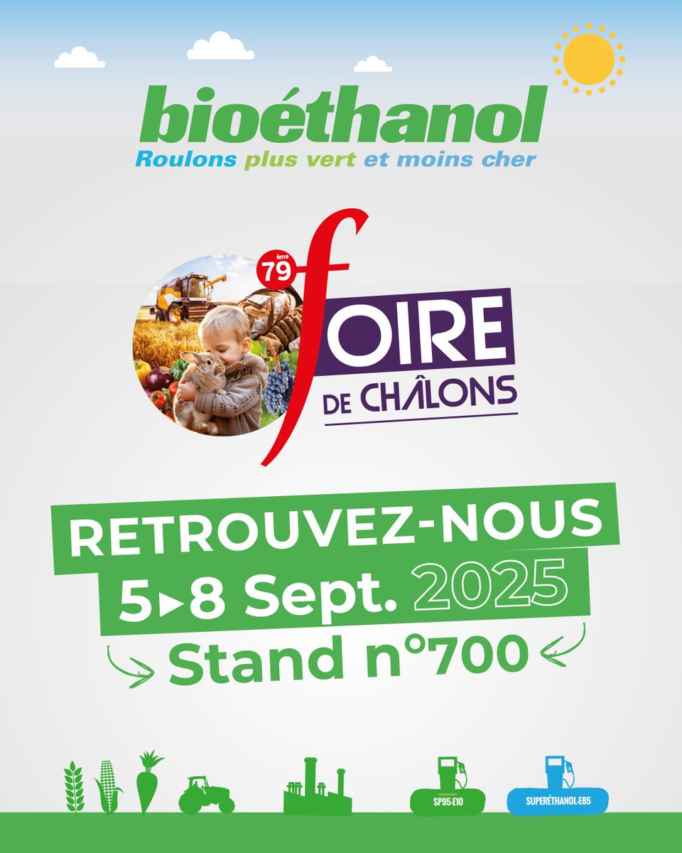 🚜 RDV à la Foire de Châlons 2025 du 5 au 8 septembre

Retrouvez la Collective du Bioéthanol sur le stand n°700, aux côtés de <a href="/Cultures_sucre/">Cultures Sucre</a> !

Au programme :
👉 Un espace dédié au Superéthanol-E85, le carburant plus vert et deux fois moins cher que l’essence, avec nos experts