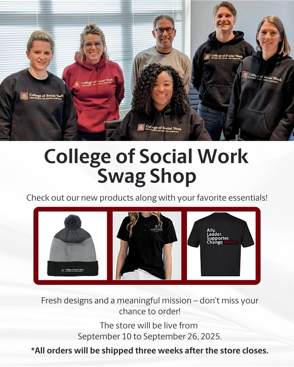 USC College of Social Work (@uofsccosw) on Twitter photo Our #COSW fall Swag Shop opens Sept. 10! For 2️⃣ weeks only, get your new polos, winter hats and a new t-shirt design. Don’t miss it ➡️ bit.ly/4pnnHlZ. 👕 #socialworkgamecocks Our #COSW fall Swag Shop opens Sept. 10! For 2️⃣ weeks only, get your new polos, winter hats and a new t-shirt design. Don’t miss it ➡️ bit.ly/4pnnHlZ. 👕 #socialworkgamecocks