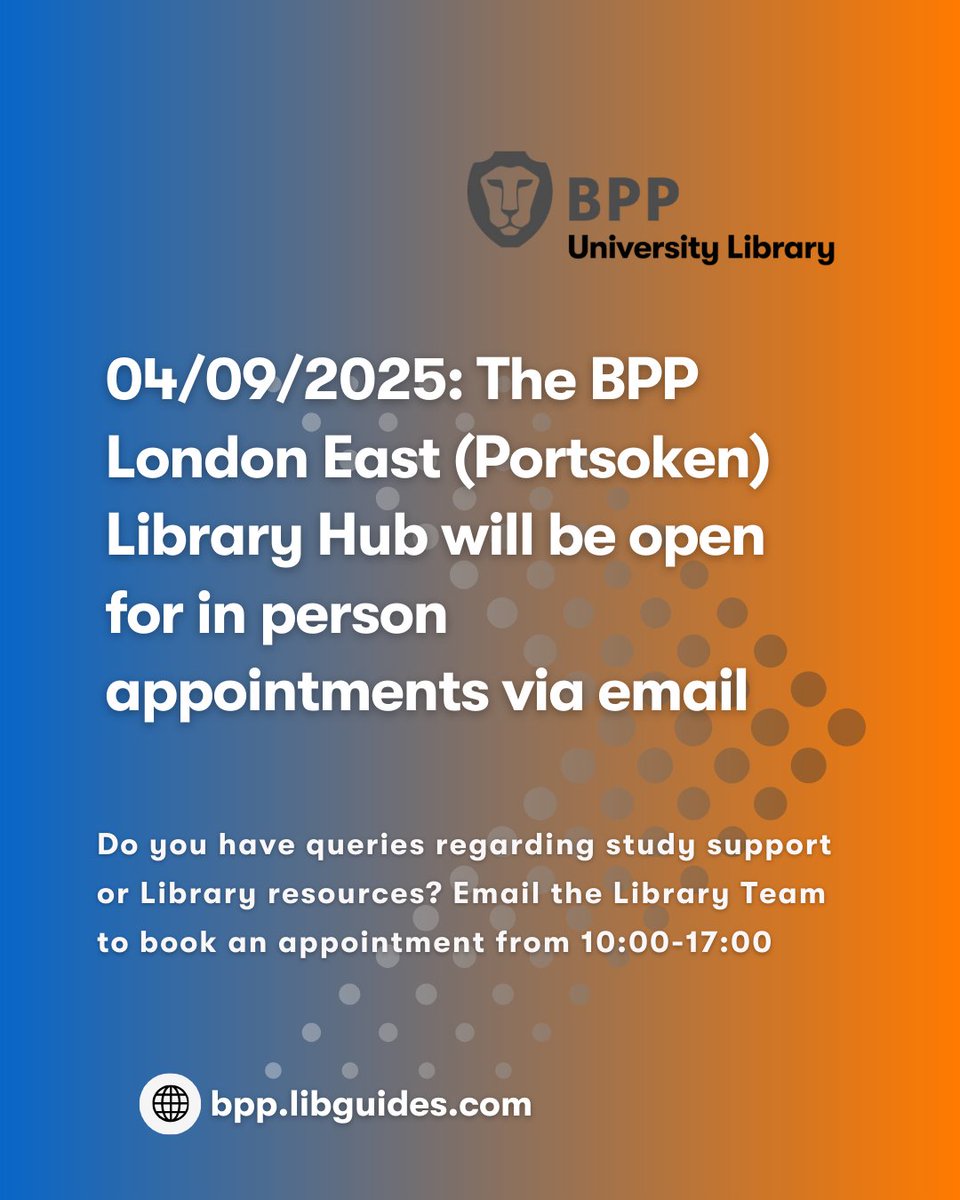 Welcome to all our new and returning Portsoken students! The #BPPLibraryHub is back from our summer break, and we will be available via email appointment tomorrow (04/09/2025). Email/ LiveChat the Library Team (with the subject line 'FAO Library Hub') to book an appointment.