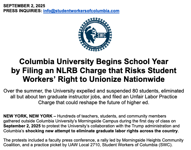 📰PRESS RELEASE: Columbia University Begins School Year by Filing an NLRB Charge that Risks Student Workers’ Right to Unionize Nationwide