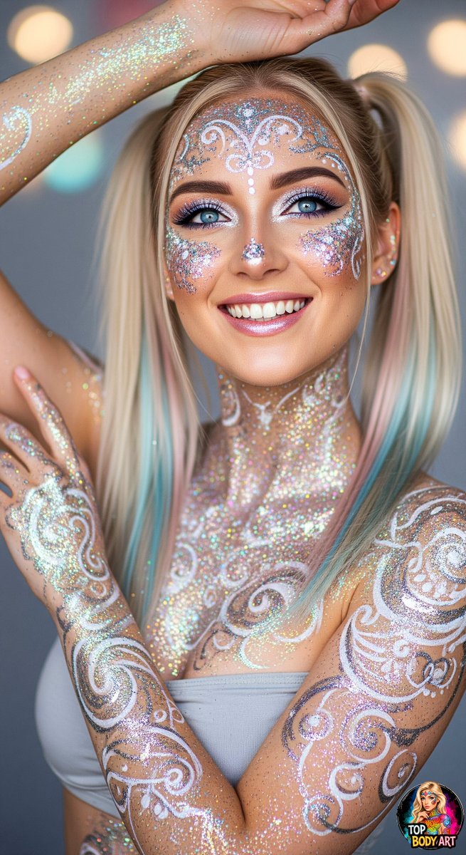 Sparkling glitter art, body painted girl.